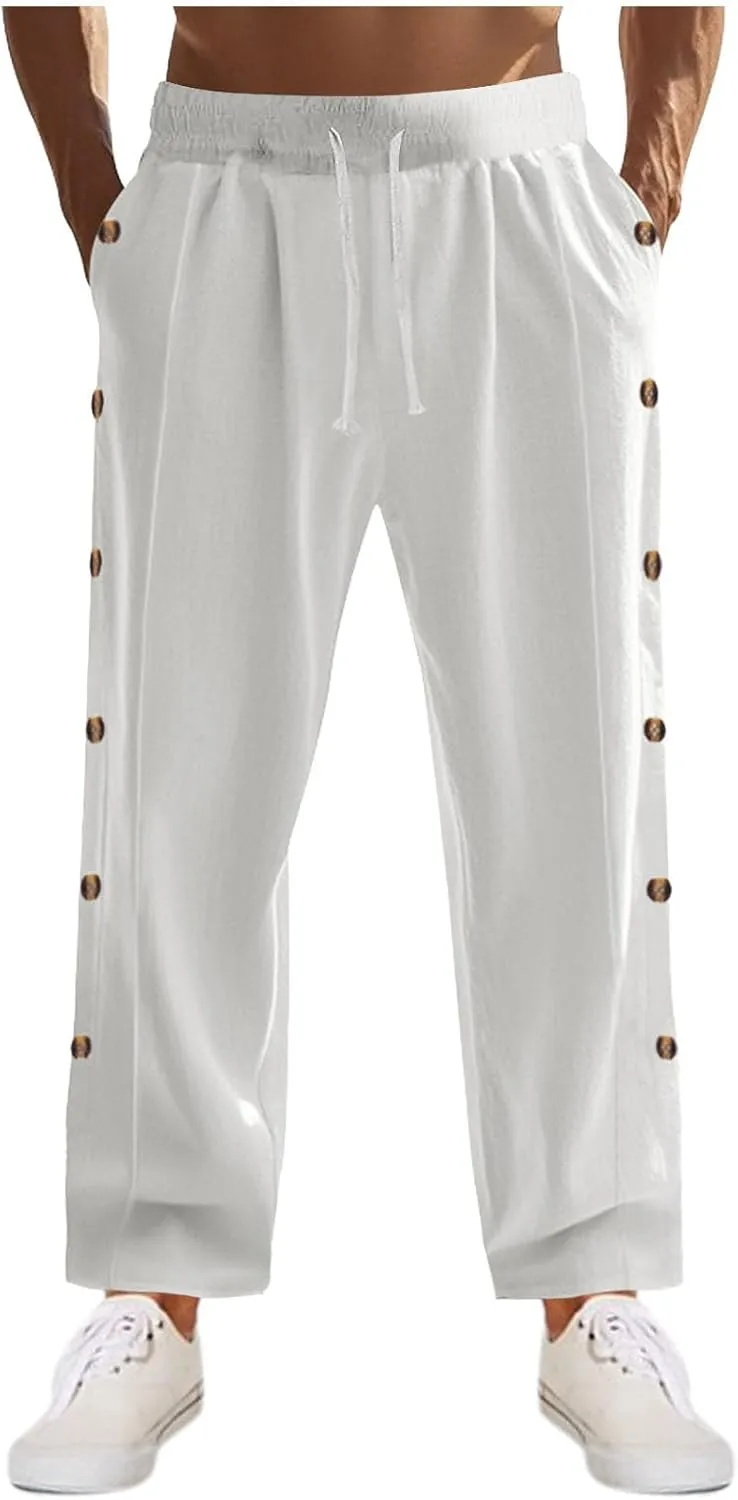 Linen Pants Mens Casual Pants Relaxed-Fit Beach Pants Summer Trousers Soft Elastic Waist Pants