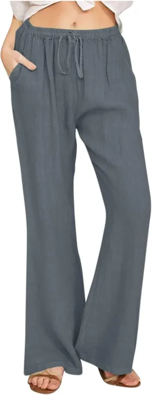 Linen Pants Women High Waisted Flare Palazzo Pants Summer Wide Leg Pants Elastic Waist Beach Pants Lounge Trousers