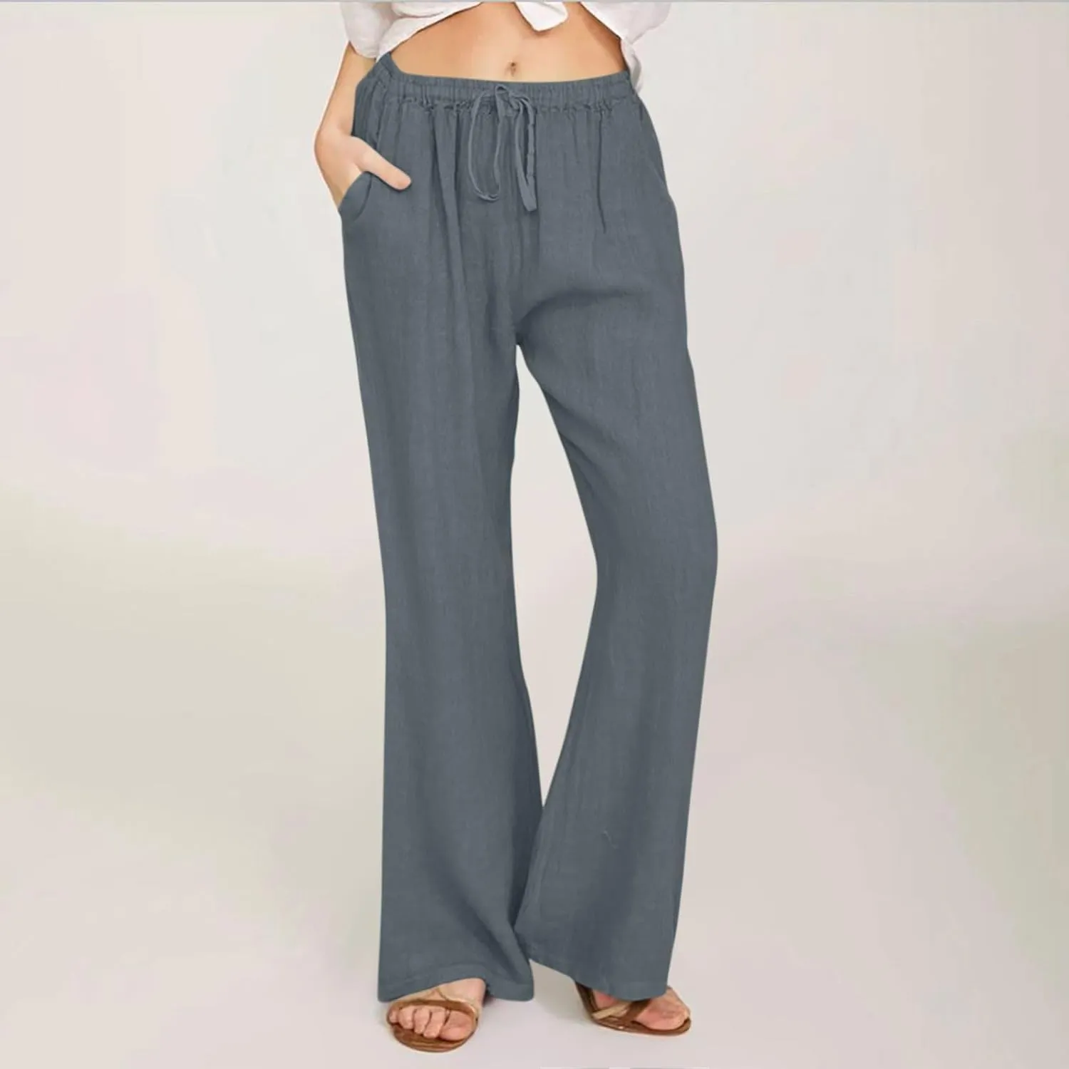 Linen Pants Women High Waisted Flare Palazzo Pants Summer Wide Leg Pants Elastic Waist Beach Pants Lounge Trousers