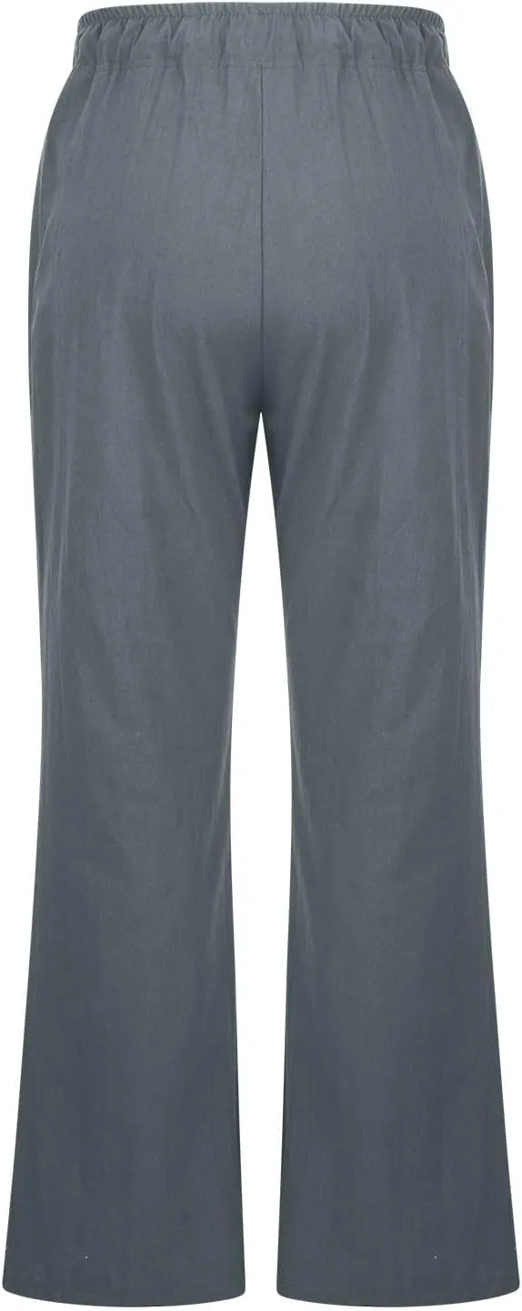 Linen Pants Women High Waisted Flare Palazzo Pants Summer Wide Leg Pants Elastic Waist Beach Pants Lounge Trousers