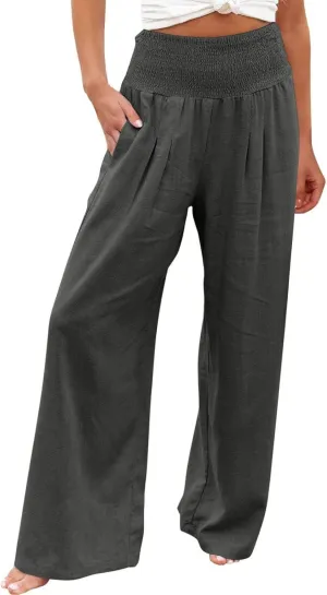 Linen Pants Women High Waisted Wide Leg Palazzo Pants Summer Beach Flowy Pants Casual Dress Pants Lounge Trousers