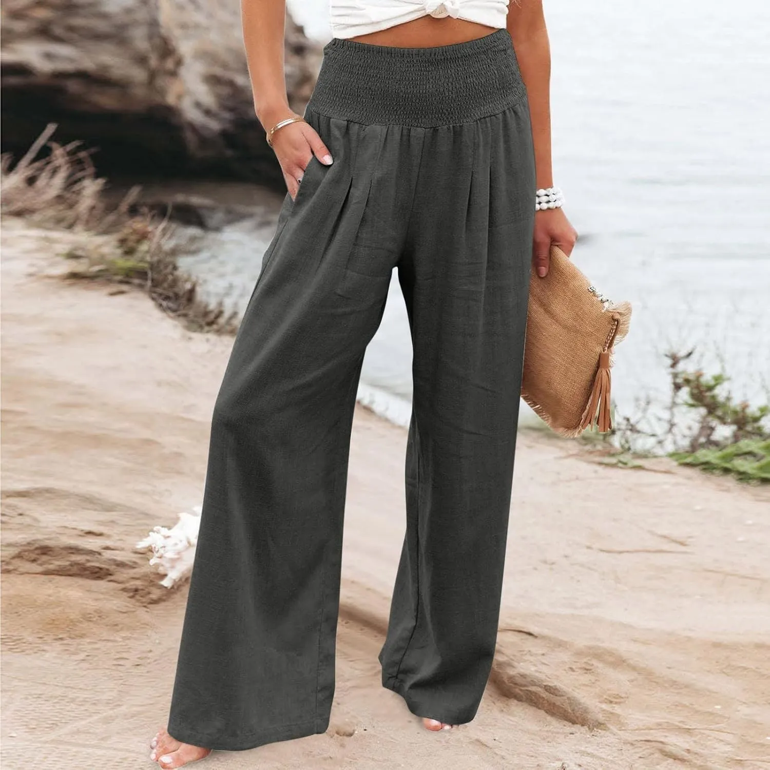 Linen Pants Women High Waisted Wide Leg Palazzo Pants Summer Beach Flowy Pants Casual Dress Pants Lounge Trousers