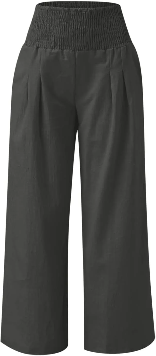 Linen Pants Women High Waisted Wide Leg Palazzo Pants Summer Beach Flowy Pants Casual Dress Pants Lounge Trousers