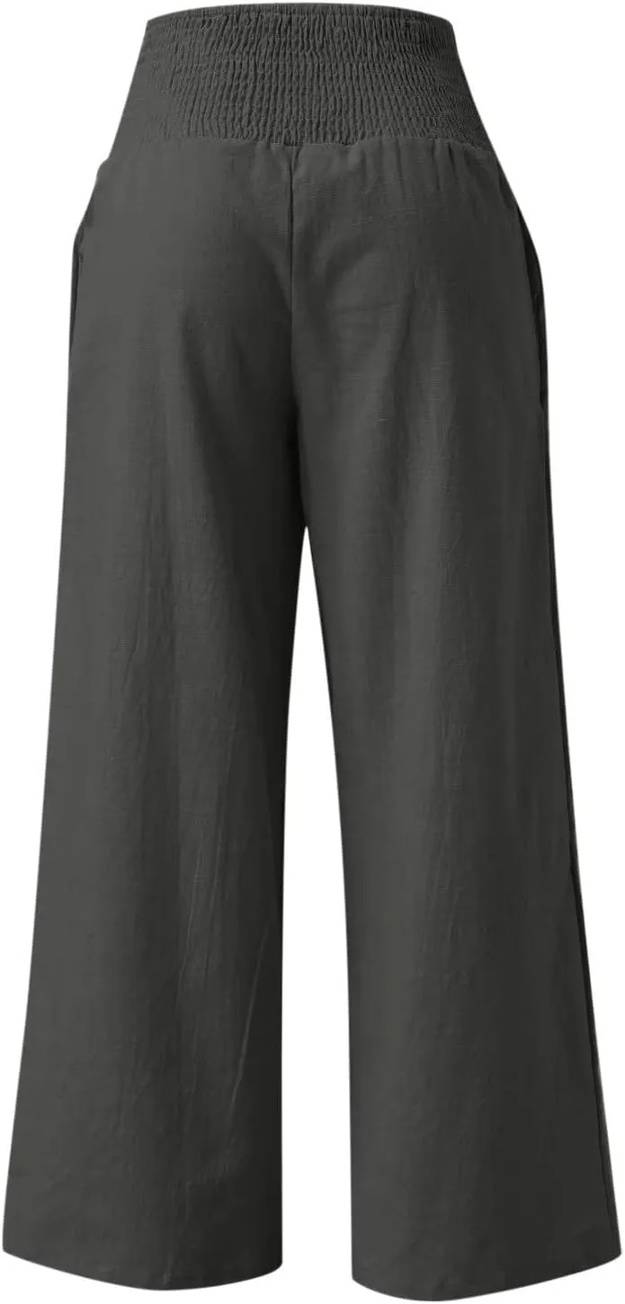 Linen Pants Women High Waisted Wide Leg Palazzo Pants Summer Beach Flowy Pants Casual Dress Pants Lounge Trousers