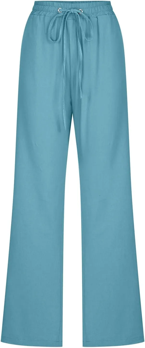 Linen Pants Women Straight Leg Lounge Pants Elastic Waist Drawstring Pants Lightweight Trousers Summer Loose Pants