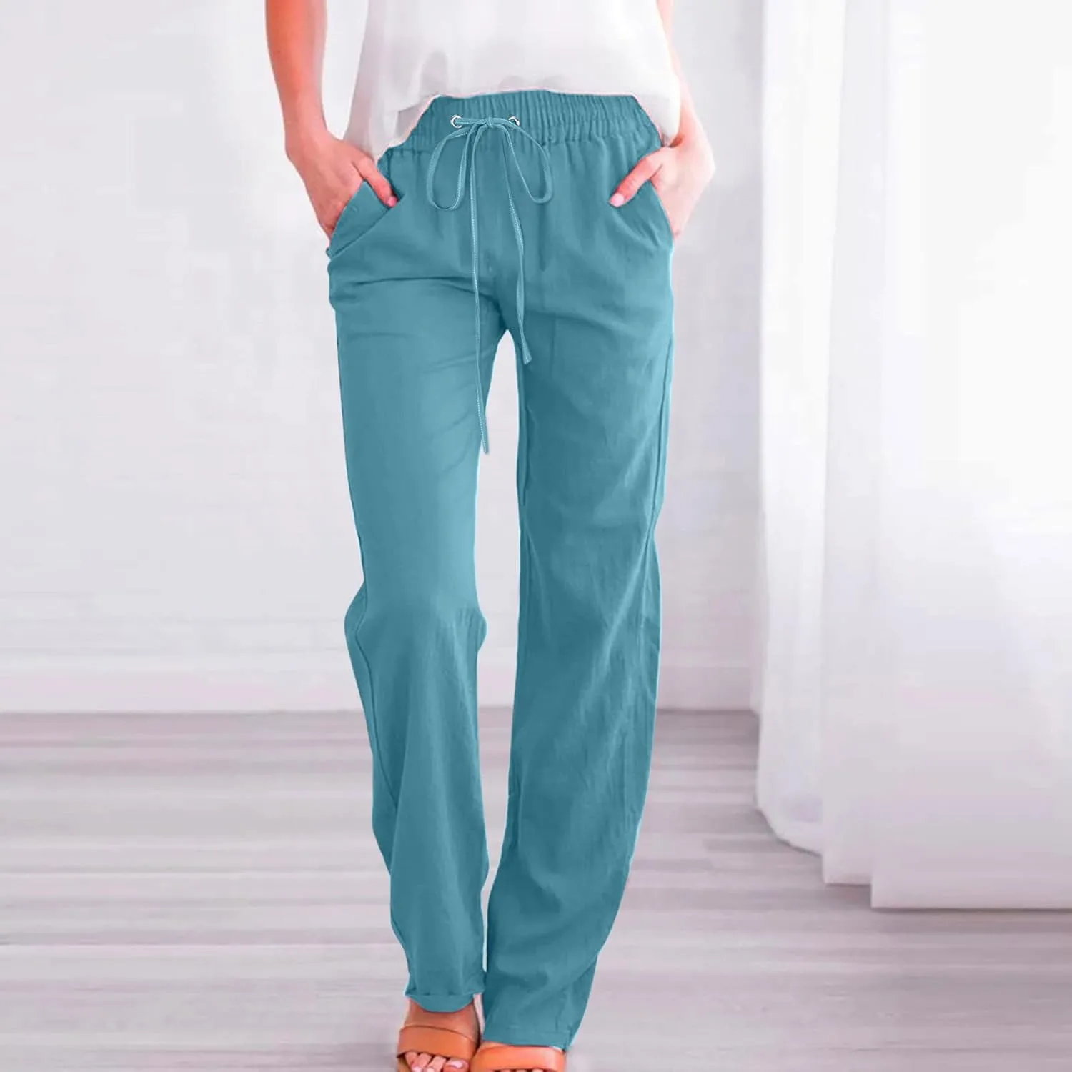 Linen Pants Women Straight Leg Lounge Pants Elastic Waist Drawstring Pants Lightweight Trousers Summer Loose Pants