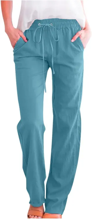Linen Pants Women Straight Leg Lounge Pants Elastic Waist Drawstring Pants Lightweight Trousers Summer Loose Pants