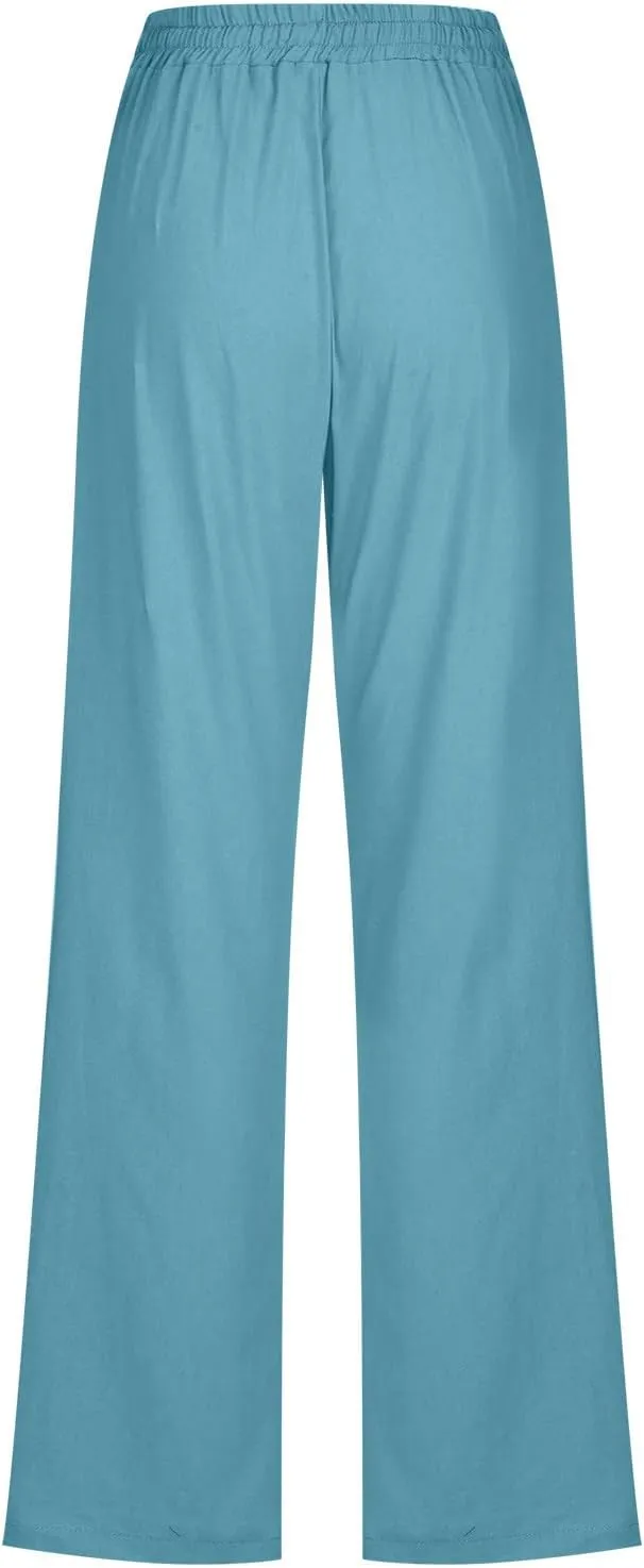 Linen Pants Women Straight Leg Lounge Pants Elastic Waist Drawstring Pants Lightweight Trousers Summer Loose Pants
