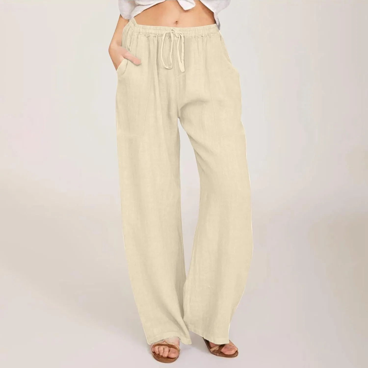 Linen Pants Women Summer High Waisted Pants Wide Leg Lounge Pants Beach Trouser Pants with Pockets