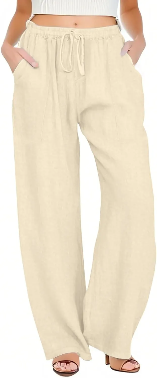 Linen Pants Women Summer High Waisted Pants Wide Leg Lounge Pants Beach Trouser Pants with Pockets
