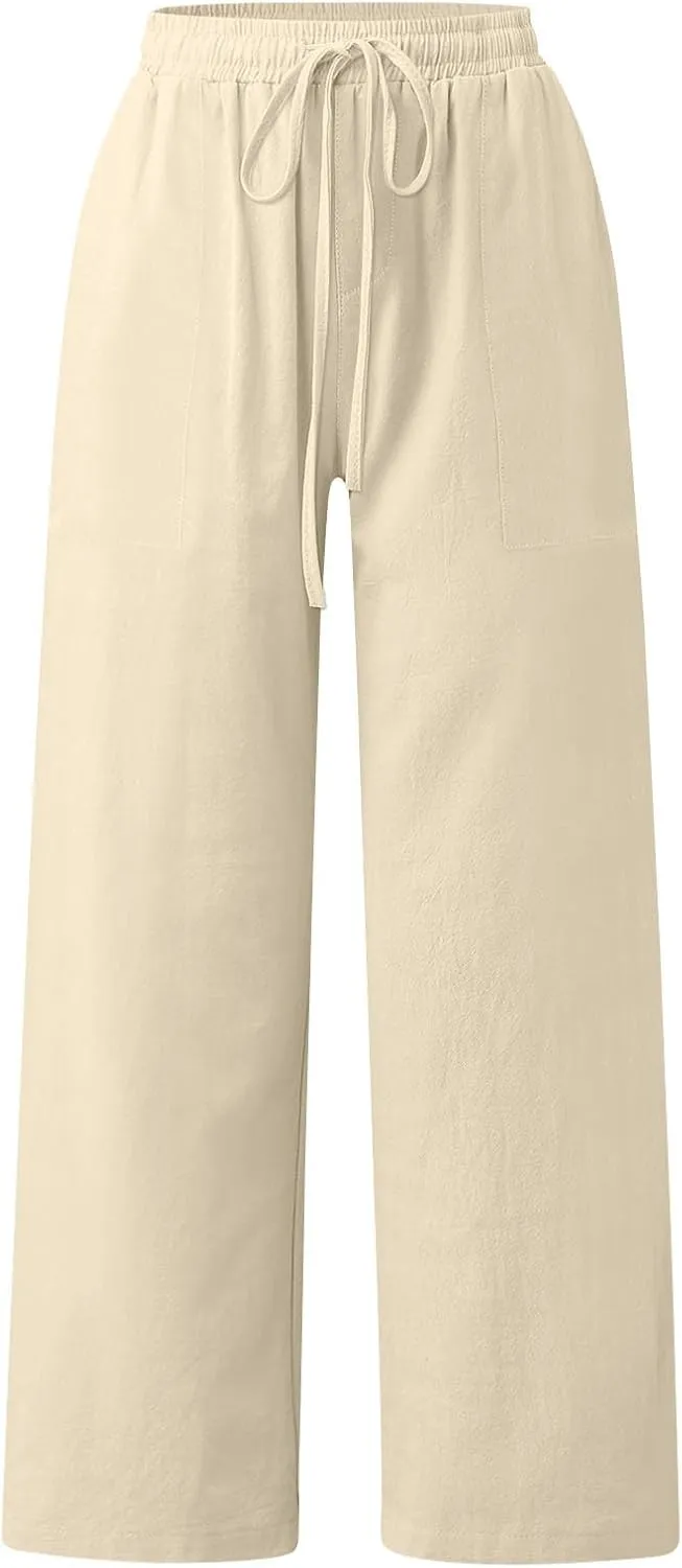 Linen Pants Women Summer High Waisted Pants Wide Leg Lounge Pants Beach Trouser Pants with Pockets