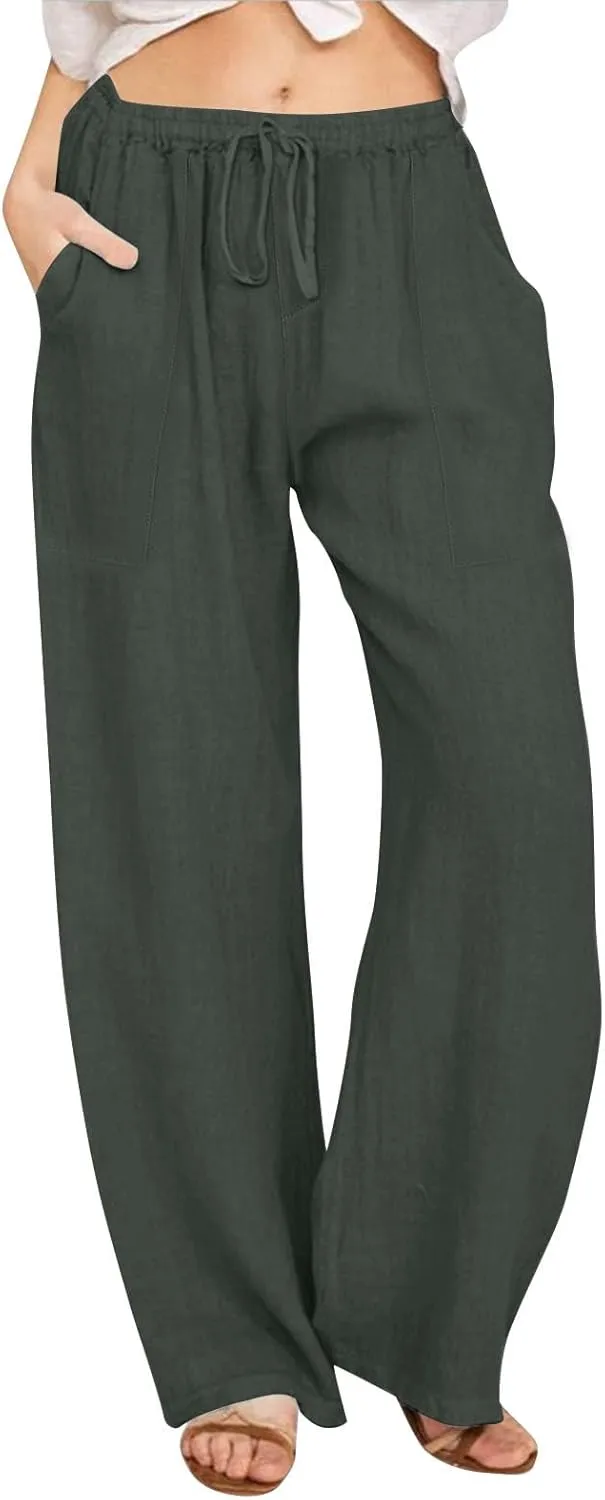 Linen Pants Women Summer High Waisted Pants Wide Leg Lounge Pants Beach Trouser Pants with Pockets