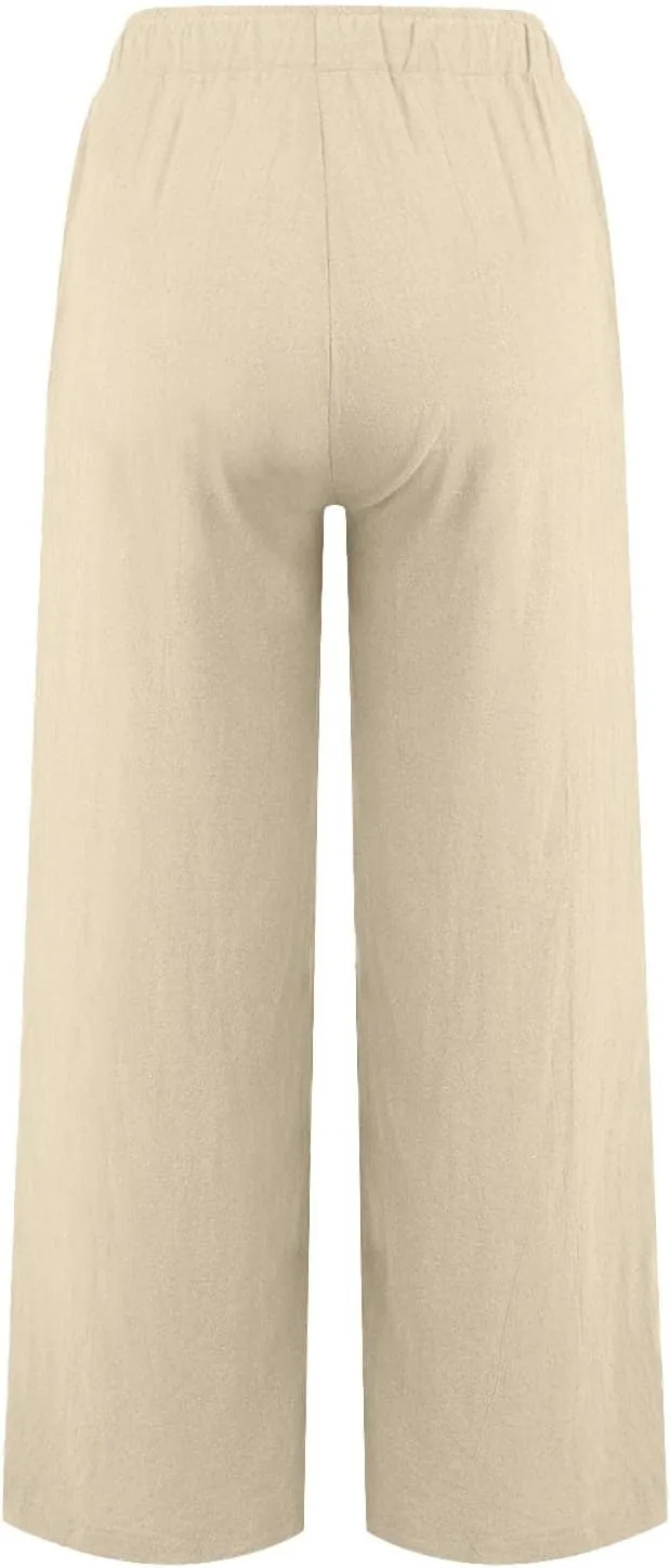 Linen Pants Women Summer High Waisted Pants Wide Leg Lounge Pants Beach Trouser Pants with Pockets