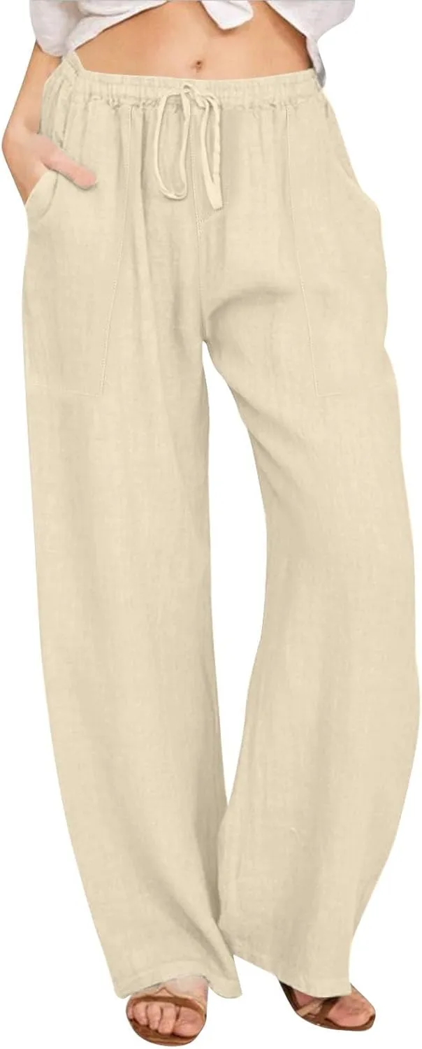 Linen Pants Women Summer High Waisted Pants Wide Leg Lounge Pants Beach Trouser Pants with Pockets