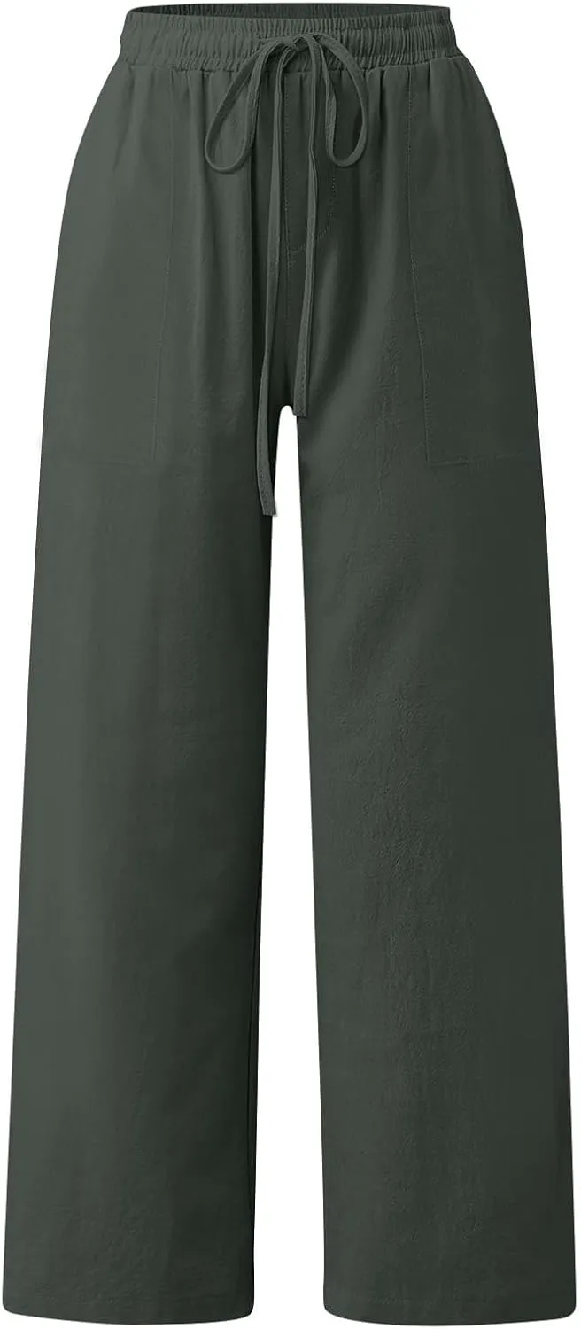 Linen Pants Women Summer High Waisted Pants Wide Leg Lounge Pants Beach Trouser Pants with Pockets