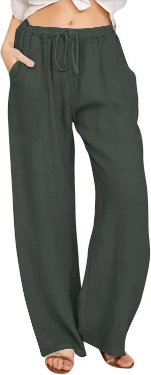 Linen Pants Women Summer High Waisted Pants Wide Leg Lounge Pants Beach Trouser Pants with Pockets