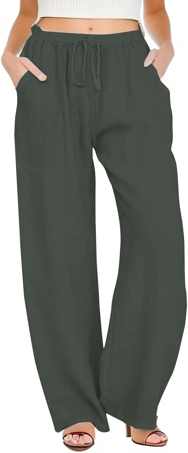 Linen Pants Women Summer High Waisted Pants Wide Leg Lounge Pants Beach Trouser Pants with Pockets