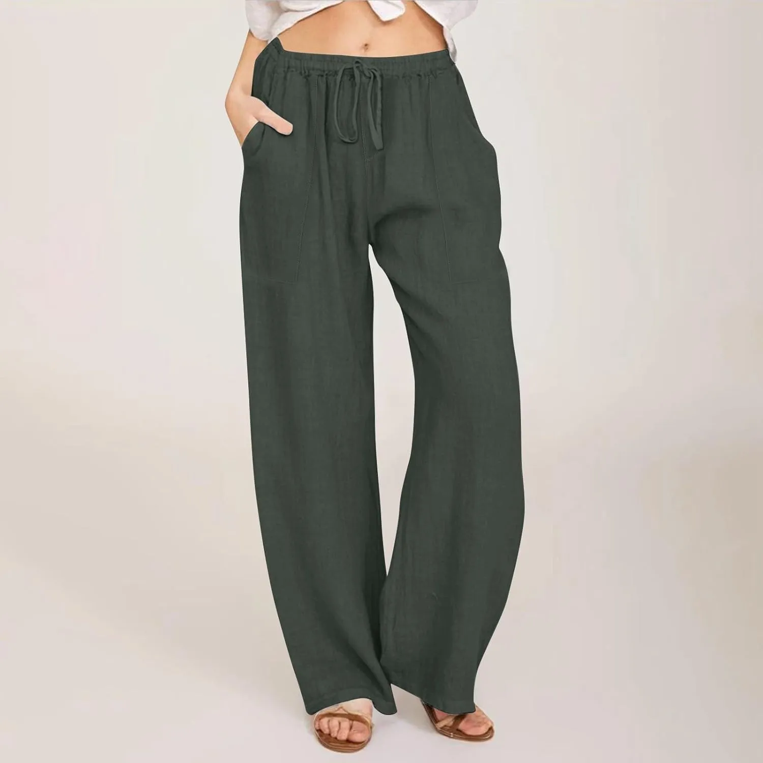Linen Pants Women Summer High Waisted Pants Wide Leg Lounge Pants Beach Trouser Pants with Pockets