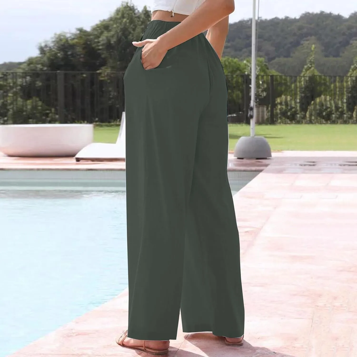 Linen Pants Women Summer High Waisted Pants Wide Leg Lounge Pants Beach Trouser Pants with Pockets