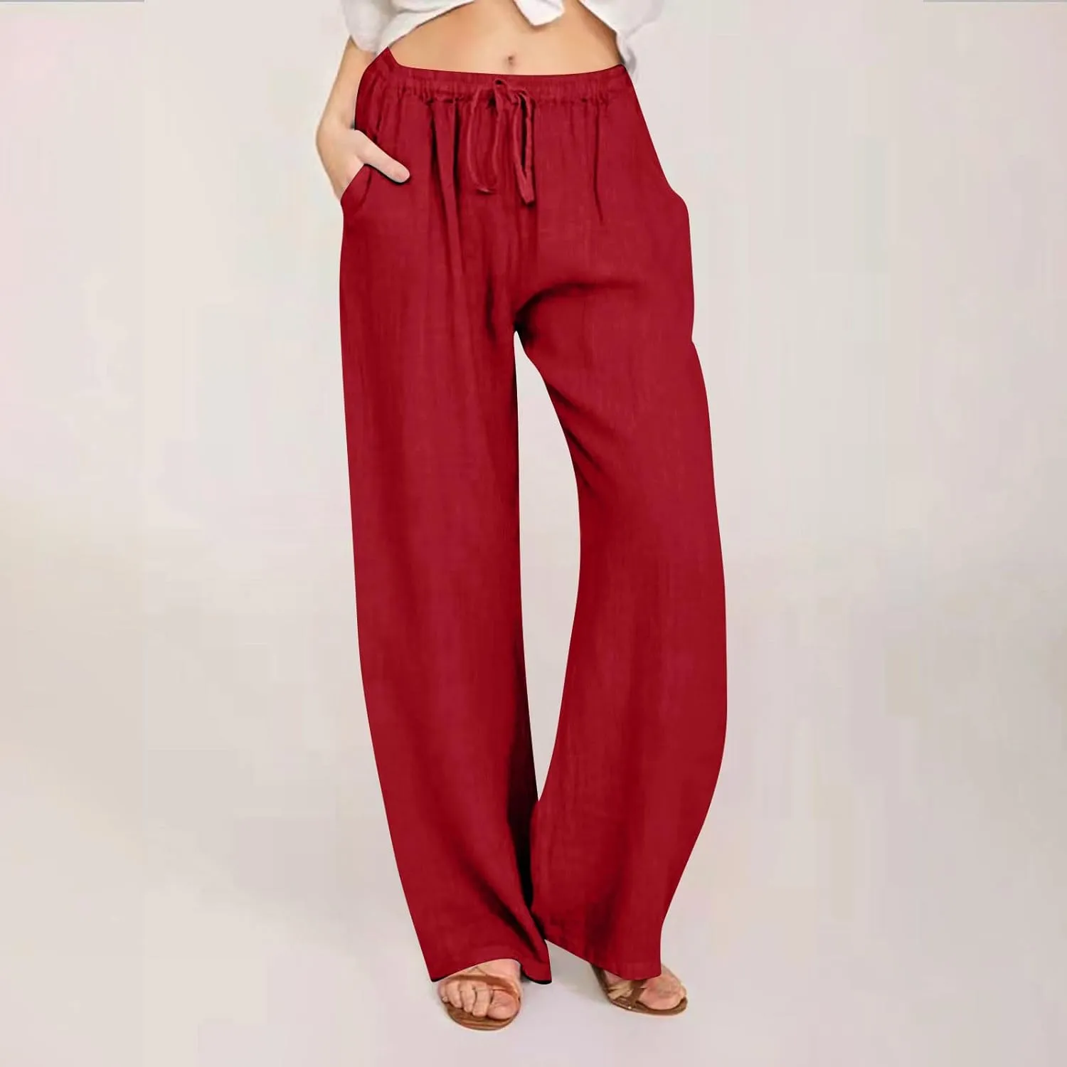 Linen Pants Women Summer Wide Leg Pants Drawstring Elastic Waist Pants High Waisted Lounge Pants Casual Beach Trousers