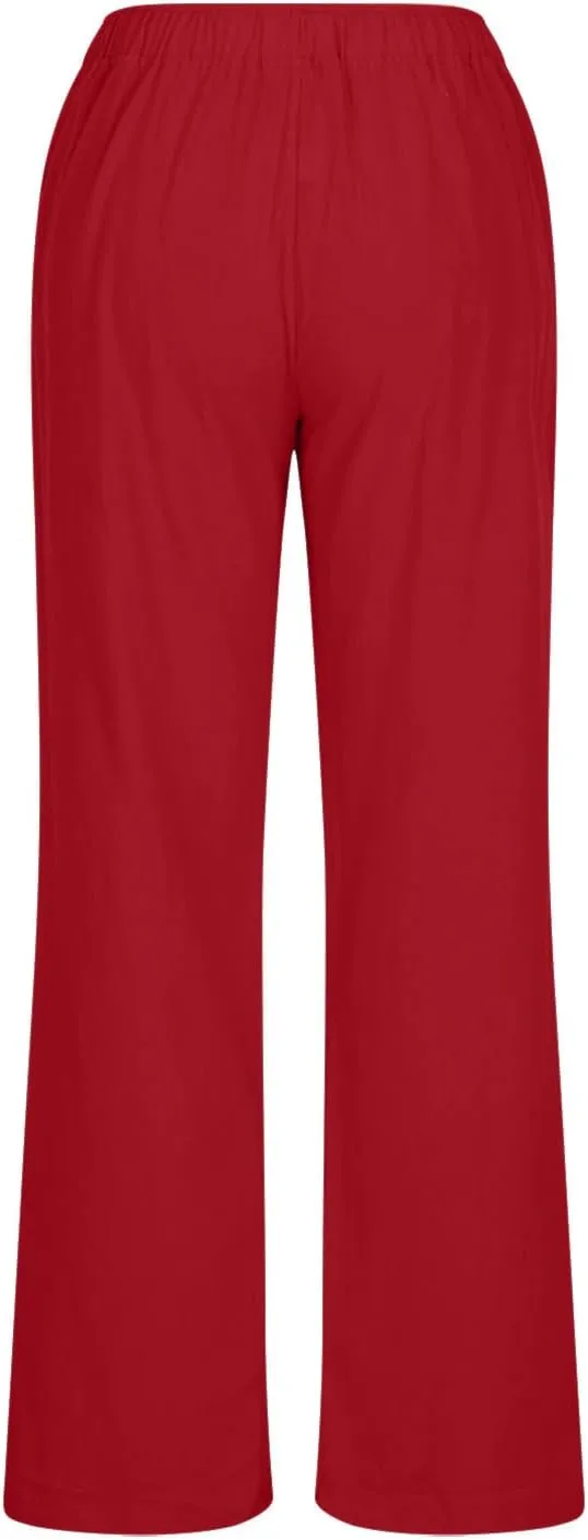 Linen Pants Women Summer Wide Leg Pants Drawstring Elastic Waist Pants High Waisted Lounge Pants Casual Beach Trousers