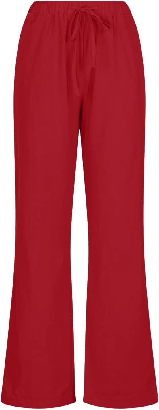 Linen Pants Women Summer Wide Leg Pants Drawstring Elastic Waist Pants High Waisted Lounge Pants Casual Beach Trousers