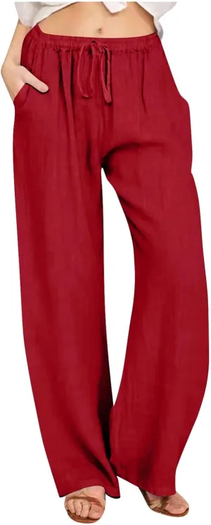 Linen Pants Women Summer Wide Leg Pants Drawstring Elastic Waist Pants High Waisted Lounge Pants Casual Beach Trousers