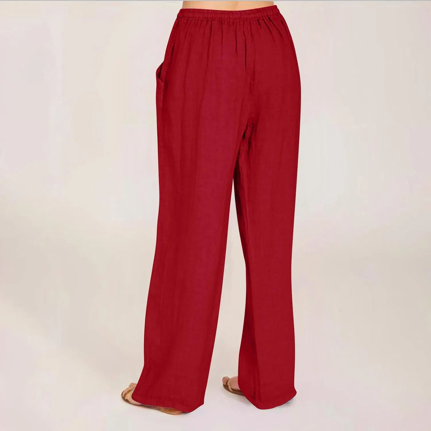 Linen Pants Women Summer Wide Leg Pants Drawstring Elastic Waist Pants High Waisted Lounge Pants Casual Beach Trousers
