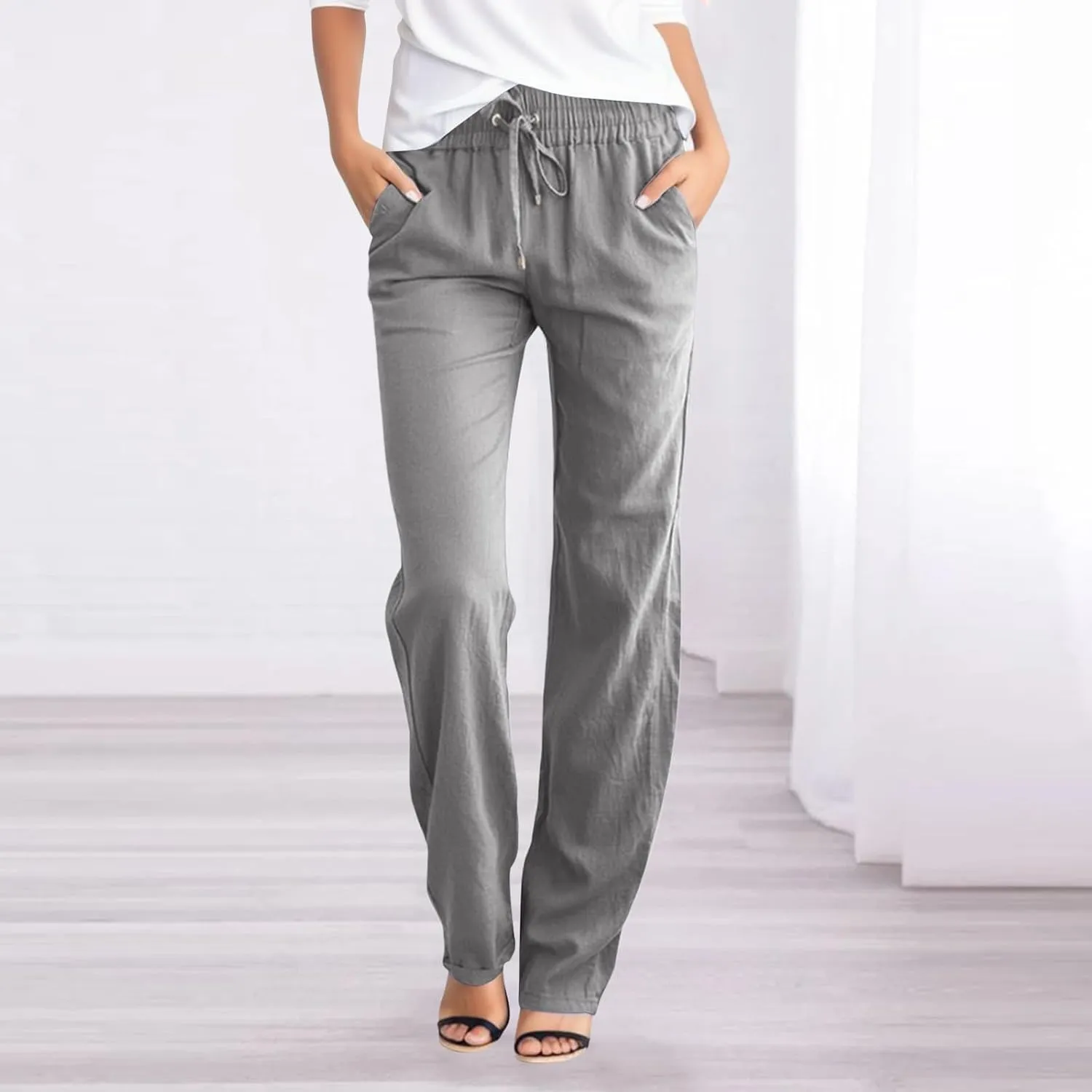 Linen Pants Women, Womens Casual Linen Pants Straight Leg Drawstring Elastic High Waisted Loose Comfy Trousers with Pockets