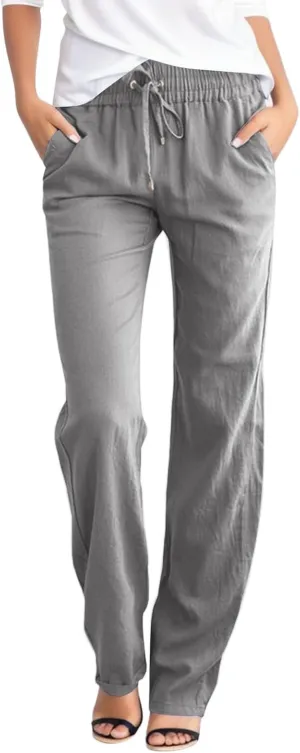 Linen Pants Women, Womens Casual Linen Pants Straight Leg Drawstring Elastic High Waisted Loose Comfy Trousers with Pockets