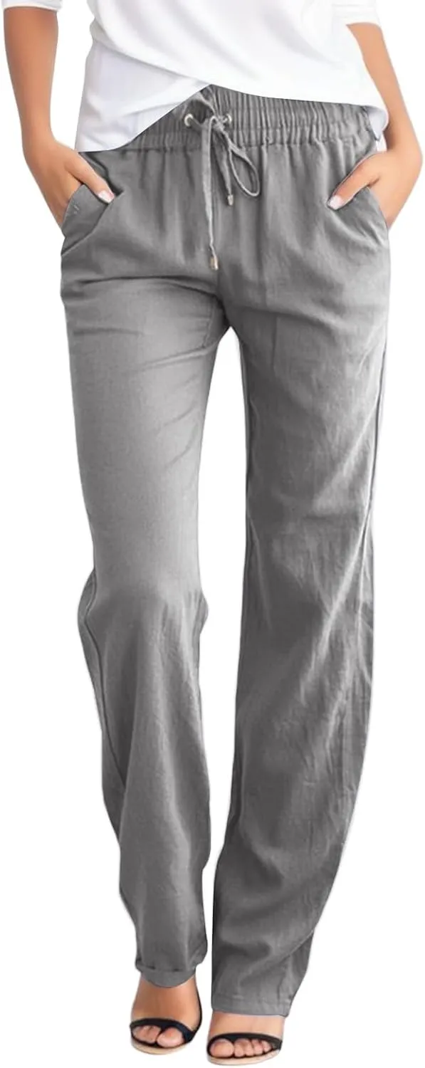 Linen Pants Women, Womens Casual Linen Pants Straight Leg Drawstring Elastic High Waisted Loose Comfy Trousers with Pockets