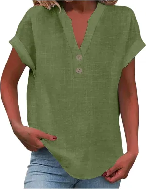 Linen Shirts for Women Casual Work Blouse Tops Summer Short Sleeve Roll Up Loose Fit V-Neck Cotton Button Up Shirt