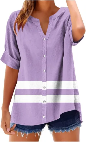 Linen Shirts Women Loose Fit Roll Up Short Sleeve Blouse Notch V Neck Button Down Tops Cute Print T-Shirt Summer 2025