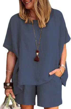 Linen Short Sets for Women 2 Piece Linen Outfits Linen Short Suits Summer Short Sleeve Linen Shirts Linen Shorts Sets