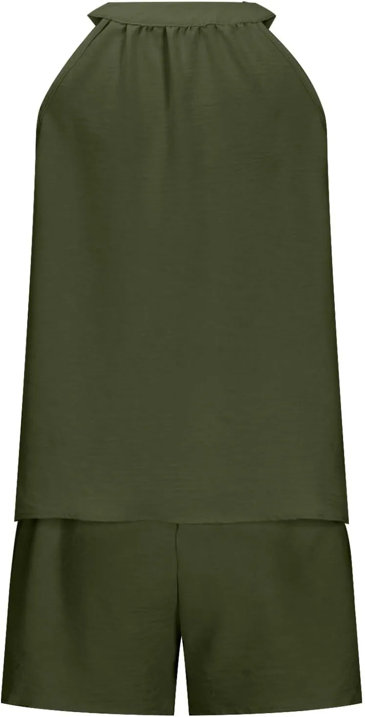 Linen Short Sets Women 2 Piece Outfits Vacation V Neck Halter Top Drawstring Shorts Lightweight Summer Matching Sets