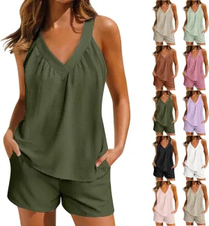 Linen Short Sets Women 2 Piece Outfits Vacation V Neck Halter Top Drawstring Shorts Lightweight Summer Matching Sets