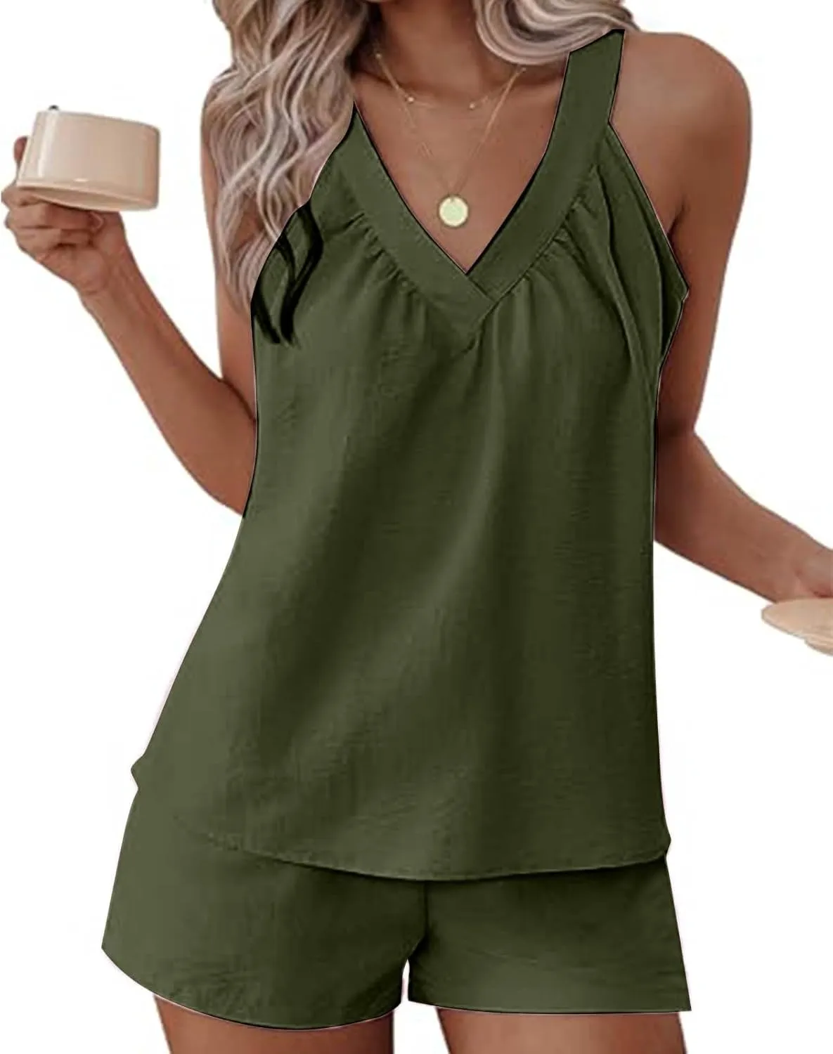Linen Short Sets Women 2 Piece Outfits Vacation V Neck Halter Top Drawstring Shorts Lightweight Summer Matching Sets
