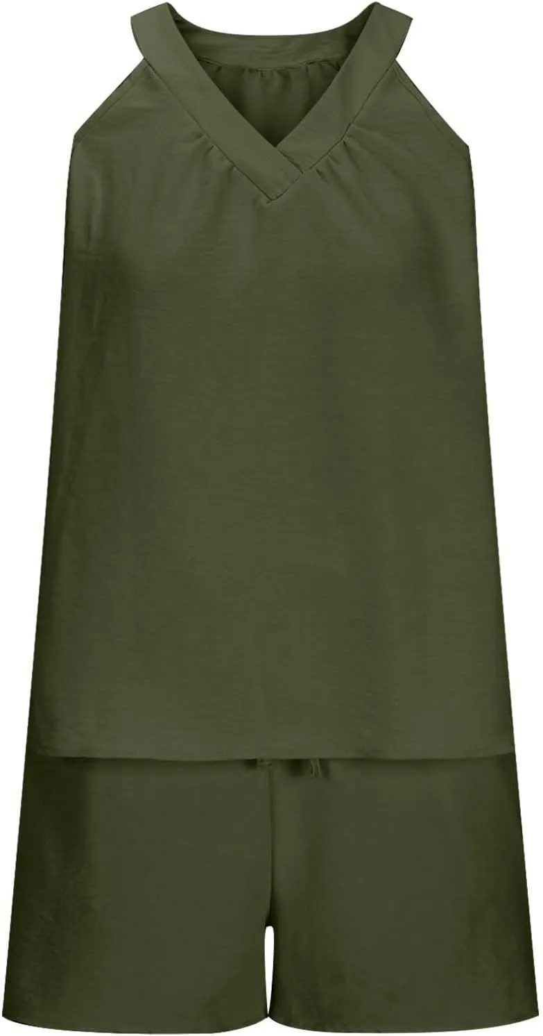 Linen Short Sets Women 2 Piece Outfits Vacation V Neck Halter Top Drawstring Shorts Lightweight Summer Matching Sets