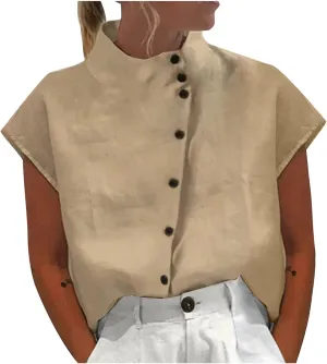 Linen Tops for Women Cap Sleeve Cotton Blend Tees Shirts Summer Fashion Dressy Casual Solid Color Plain Top