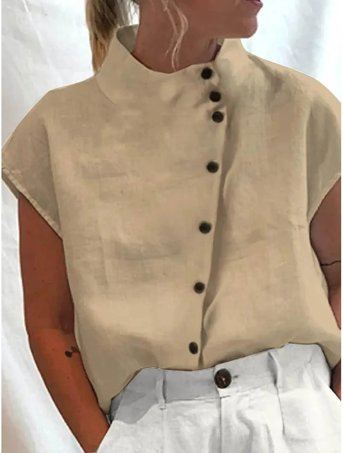 Linen Tops for Women Cap Sleeve Cotton Blend Tees Shirts Summer Fashion Dressy Casual Solid Color Plain Top