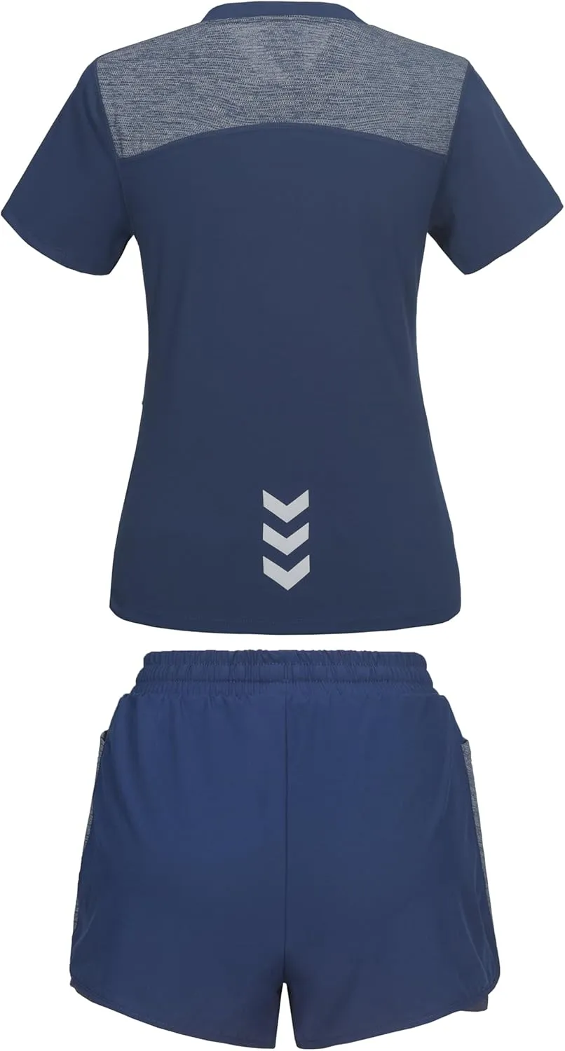 Little Donkey Andy Women 2 Piece Workout Sets Slim Fit Shirt and Mesh Short with Pocket Running Gym Sport Tracksuit Sets