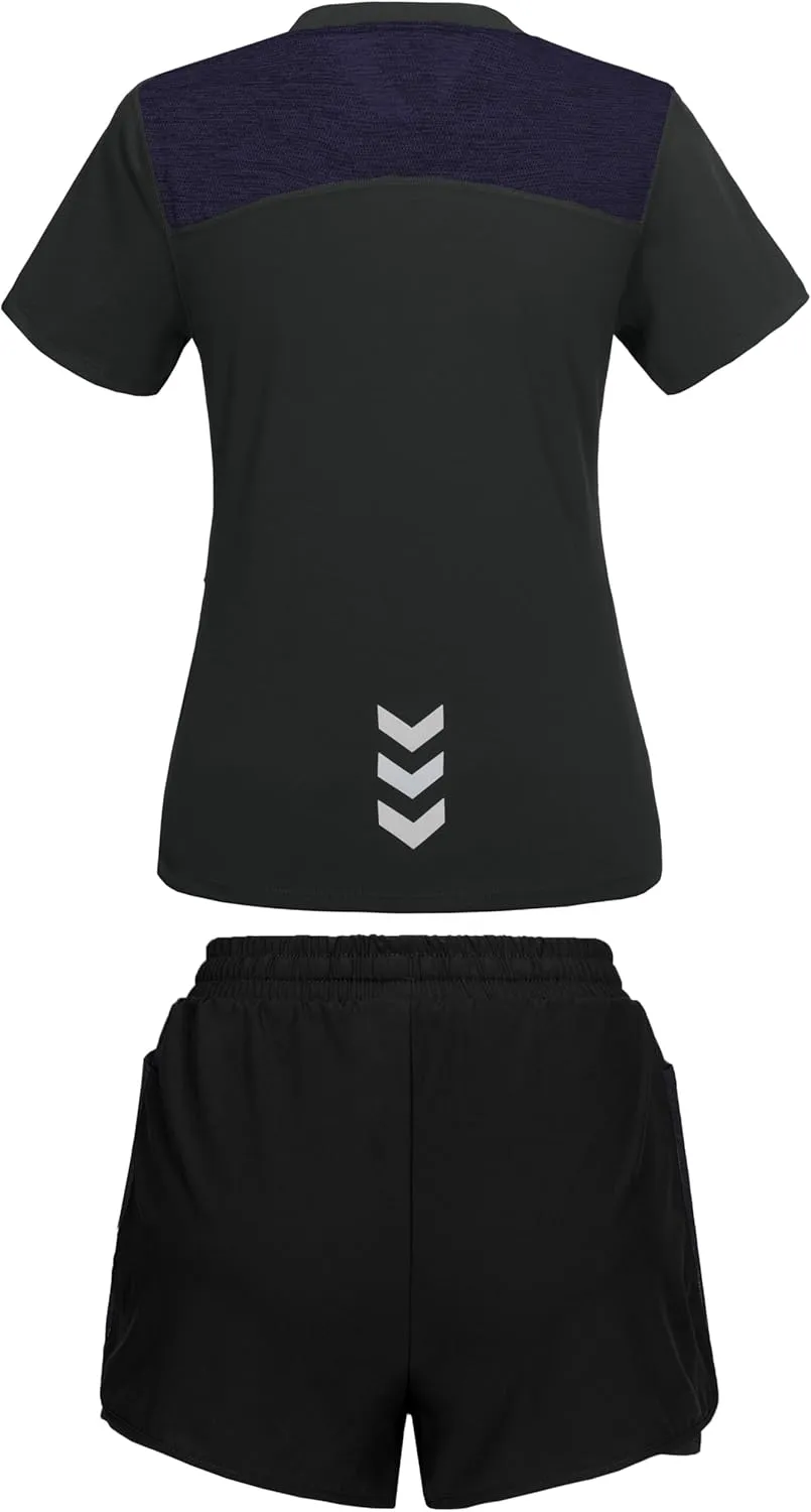 Little Donkey Andy Women 2 Piece Workout Sets Slim Fit Shirt and Mesh Short with Pocket Running Gym Sport Tracksuit Sets