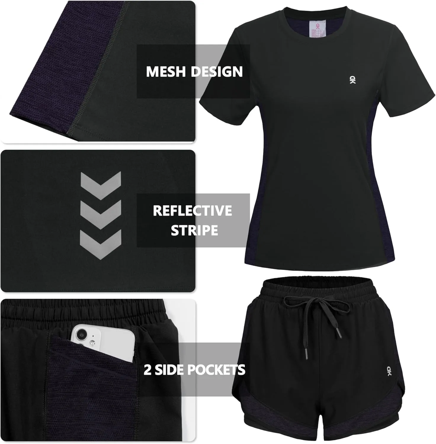 Little Donkey Andy Women 2 Piece Workout Sets Slim Fit Shirt and Mesh Short with Pocket Running Gym Sport Tracksuit Sets