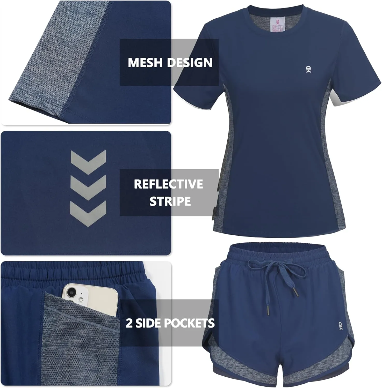 Little Donkey Andy Women 2 Piece Workout Sets Slim Fit Shirt and Mesh Short with Pocket Running Gym Sport Tracksuit Sets