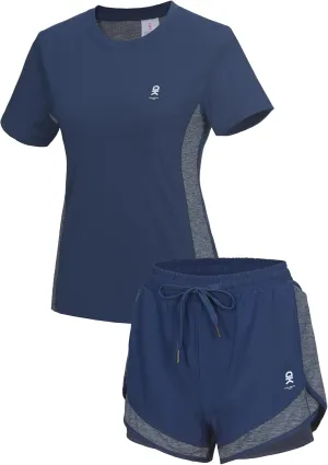 Little Donkey Andy Women 2 Piece Workout Sets Slim Fit Shirt and Mesh Short with Pocket Running Gym Sport Tracksuit Sets