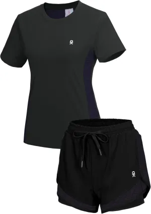 Little Donkey Andy Women 2 Piece Workout Sets Slim Fit Shirt and Mesh Short with Pocket Running Gym Sport Tracksuit Sets