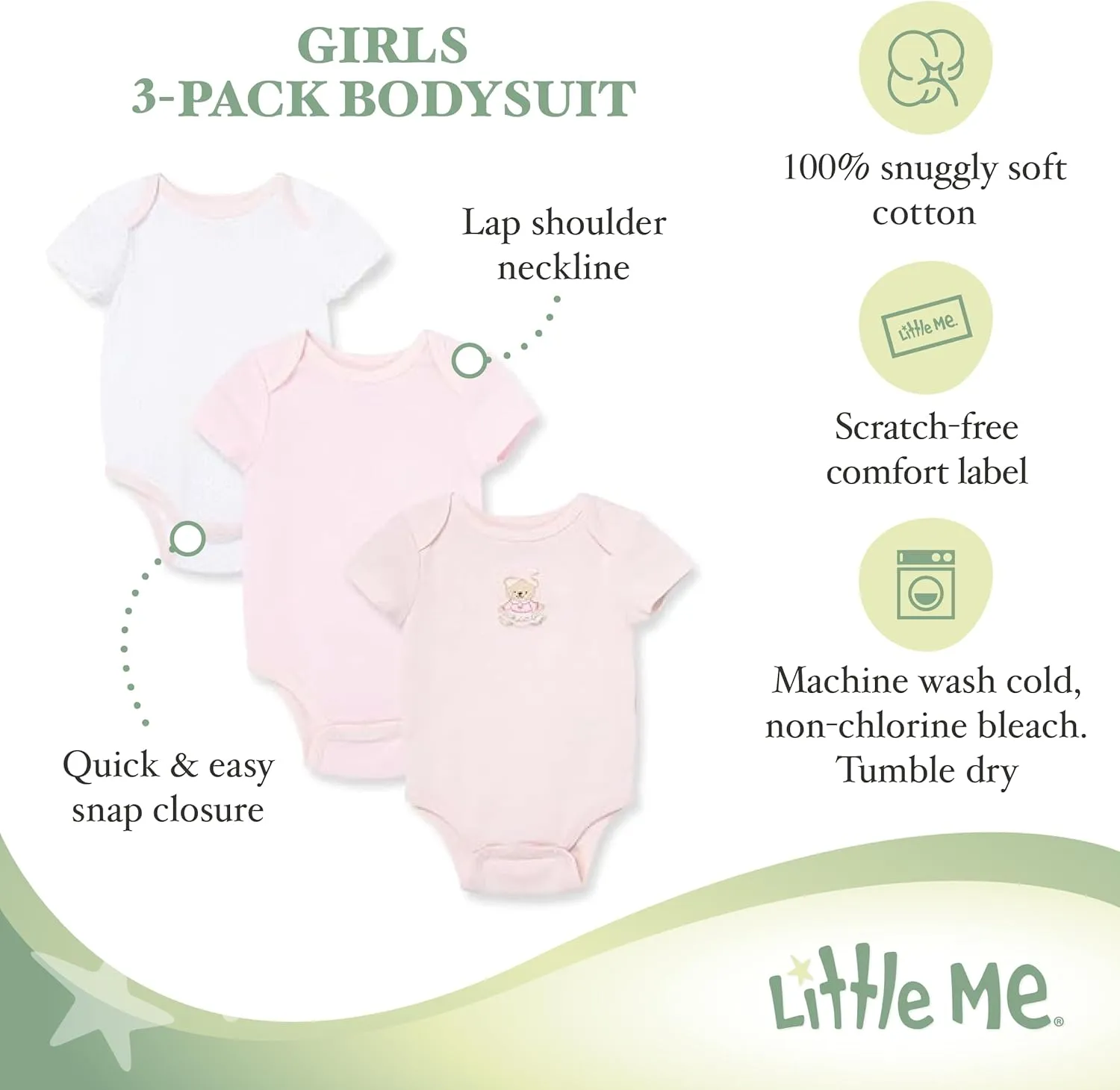 Little Me Baby Girls' 3-Pack 100% Cotton Scratch Free Tag Bodysuits