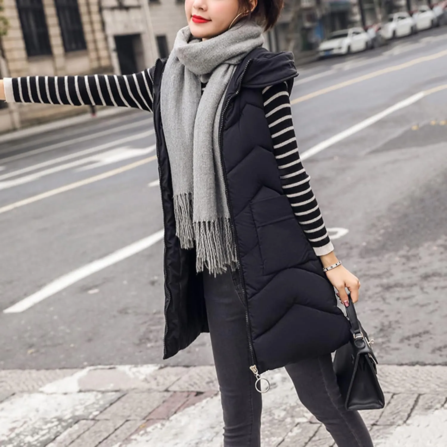 Long Vest for Women Sleeveless Puffer Zip Up Jackets Quilted Fall Puffy Vests Outerwear Hooded Winter Warm Down Coat