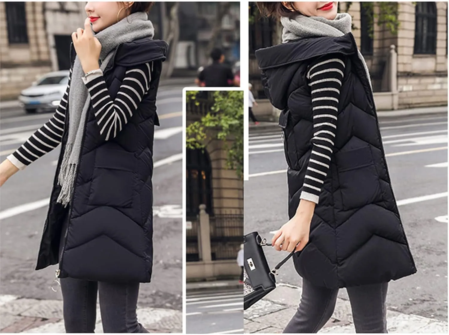 Long Vest for Women Sleeveless Puffer Zip Up Jackets Quilted Fall Puffy Vests Outerwear Hooded Winter Warm Down Coat