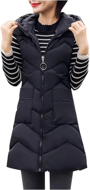 Long Vest for Women Sleeveless Puffer Zip Up Jackets Quilted Fall Puffy Vests Outerwear Hooded Winter Warm Down Coat